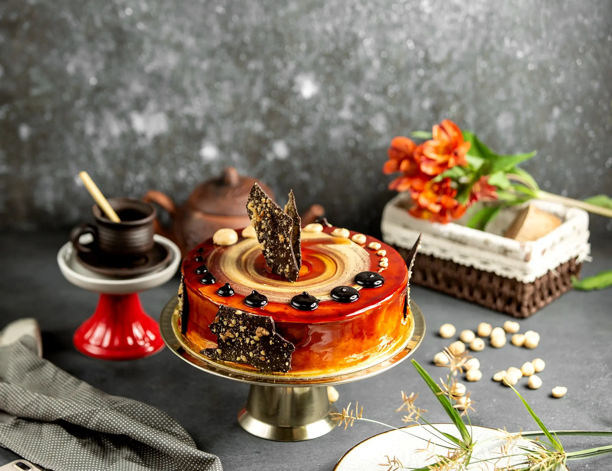 caramel cake chocolate nuts decorations copy